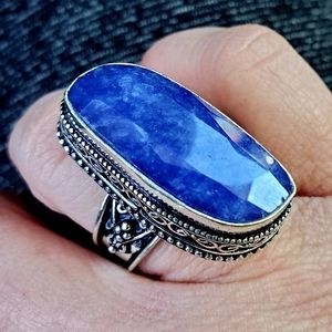 New Huge Blue Sapphire 925 Silver Statement Ring.